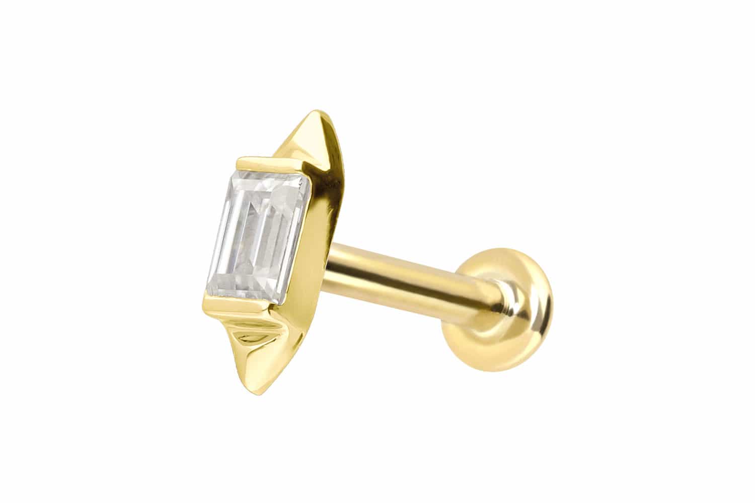 14 Karat Gold Labret Piercing mit Innengewinde MOISSANIT-RECHTECK + 2 SPITZEN